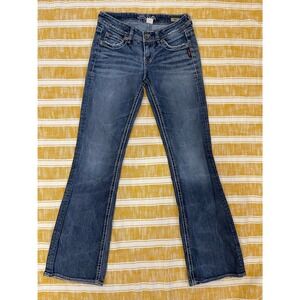 Silver Jeans Co Lola Flare Medium Wash Contrast Stitch Denim Jeans Sz 25
